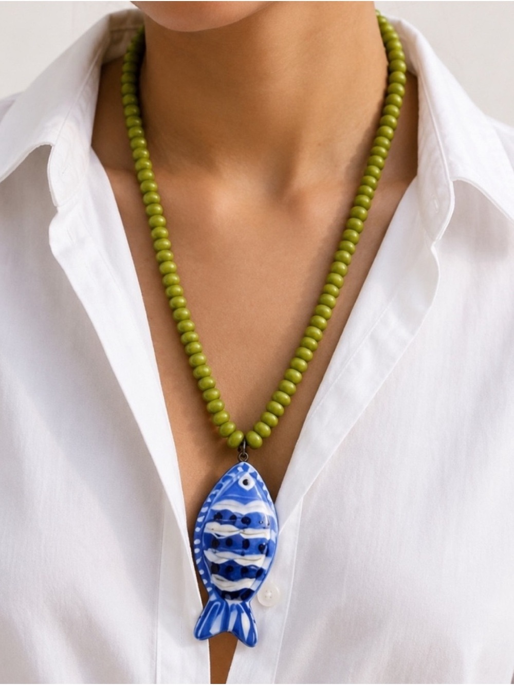 Coastal Blue Fish Pendant Green Beaded Necklace